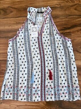 NWT THML Embroidered White Tassled Halter Top Size Medium M July 4th Shirt